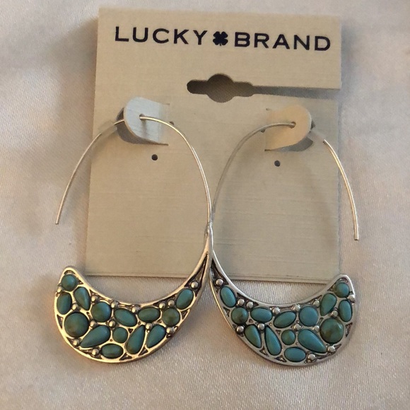 Lucky Brand Silver Tone Turquoise Stone Threader Hoop Earrings NWT - Picture 6 of 12
